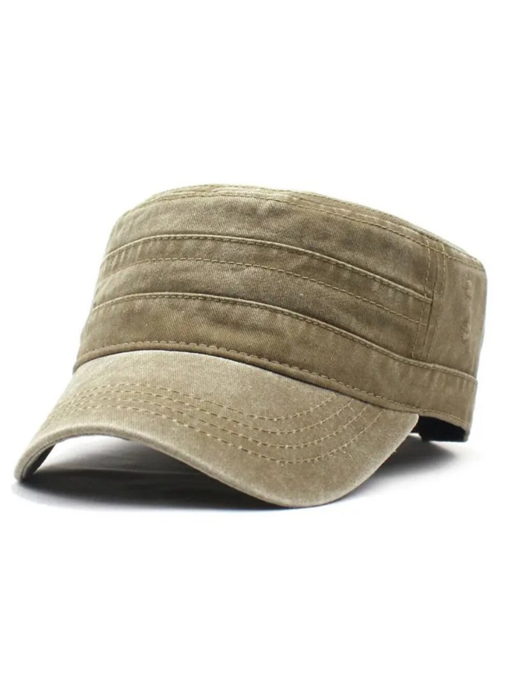 Beige, Khaki Washed Vintage Flat Top Cap, Cotton Military Cadet Army Caps Unique